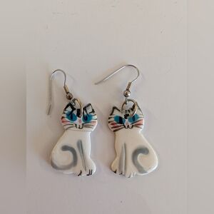 Earrings Cat Blue and Pink Accents Made Out Of Ceramic